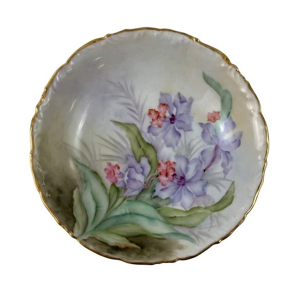 Limoges Other - Limoges Bowl T & V France Depose Handpainted Flowers Scalloped Edge Gold Trim